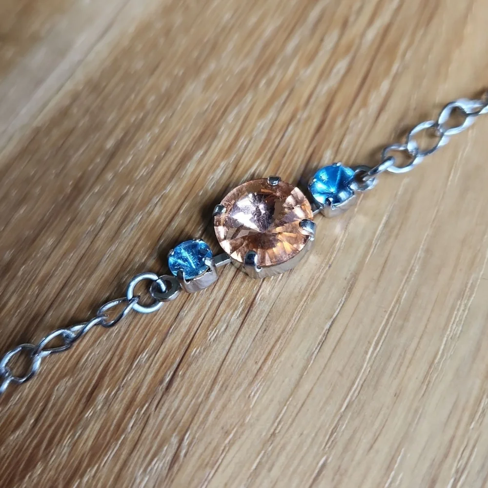 Blue & Orange Crystal Silver Chain Bracelet | Handmade